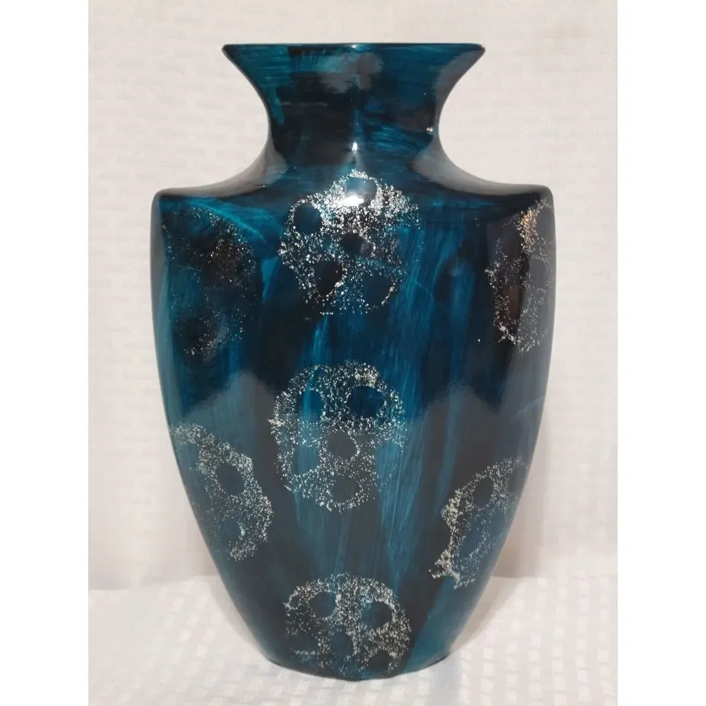 Hand Painted Ceramic‎ Floral Vase Teal Cream Silver Glitter Decorative Art Deco
